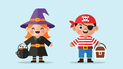 Happy cartoon kids dressed as a witch and pirate for Halloween, holding trick-or-treat buckets, isolated vector illustration