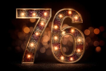 Glittering Number 76 with Sparkling Lights Against Dark Background