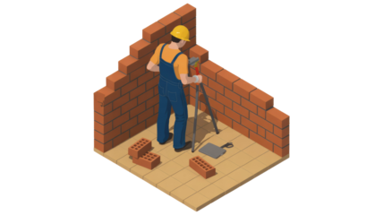 An isometric illustration shows a construction worker using a surveying instrument inside a brick structure under construction, with bricks on the floor. background removed