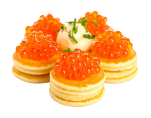 Stack of Mini Blini with Red Salmon Caviar and Cream, Gourmet Appetizer, Isolated on White Background