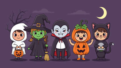 Adorable Cartoon Kids in Diverse Halloween Costumes: Ghost, Witch, Vampire, Pumpkin, and Cat Celebrating Spooky Night Fun Illustration