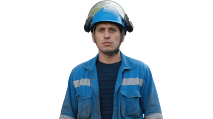 A serious man in a blue work jacket with reflective stripes and a safety helmet with visor and ear protection, looking directly at the viewer. background removed