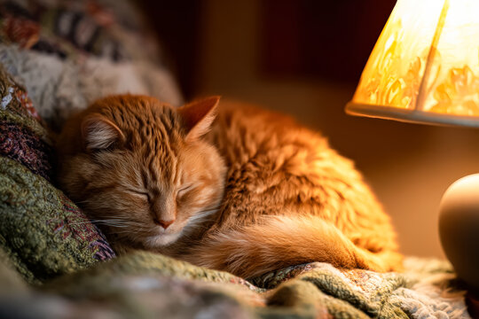 A ginger cat is peacefully sleeping on a soft blanket, illuminated by warm lamp light, creating a tranquil and cozy atmosphere