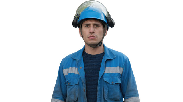 A serious man in a blue work jacket with reflective stripes and a safety helmet with visor and ear protection, looking directly at the viewer. background removed