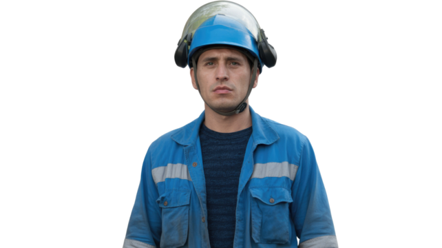 A serious man in a blue work jacket with reflective stripes and a safety helmet with visor and ear protection, looking directly at the viewer. background removed