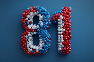 Colorful Number 81 Made of Dots on Blue Background