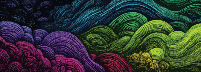 Paisaje abstracto de formas onduladas y colores vibrantes, con texturas que evocan hilos o nubes en una composición dinámica.