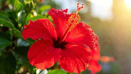 Close-up of a red hibiscus flower with shimmering water droplets on its petals in natural sunlight.