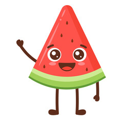 Cute Watermelon Slice Character Waving Hello Flat Illustration