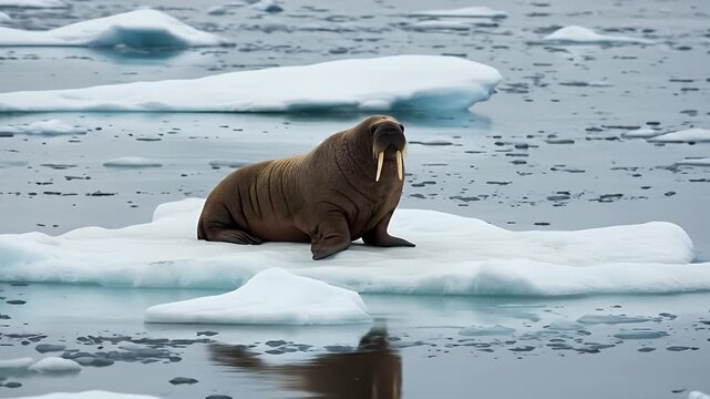 Solitary Walrus Resting on Iceberg in Arctic Waters Captivating Wildlife Scene