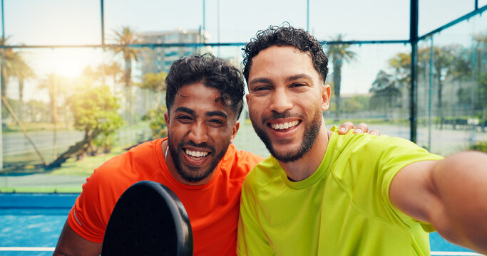 Portrait, athlete and men with selfie on padel court for photography, fitness and match practice. Smile, POV and friends with social media post, tennis training and capture memory for competition - Powered by Adobe