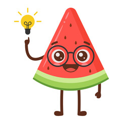 Watermelon Slice Cartoon Character with Idea Flat Illustration