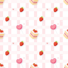 Strawberry Cake Pattern on Pink Check Background Vector Illustration, Seamless pattern, perfect for wrapping paper, textile design, bakery packaging, or wallpaper. Ideal for Valentine’s Day