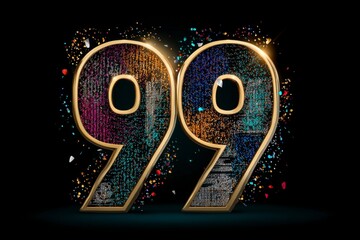 99 Number Design with Colorful Sparkles and Glitters on Black Background