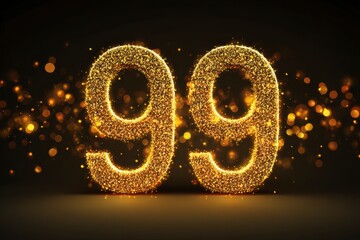 Sparkling Golden Number 99 with Bokeh Lights on Dark Background