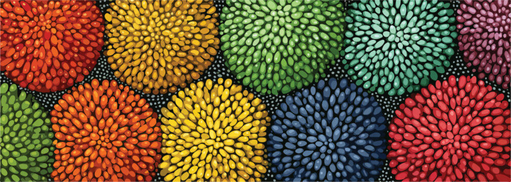 Patr&oacute;n vibrante de formas circulares texturizadas en una variedad de colores brillantes, evocando flores o pompones.