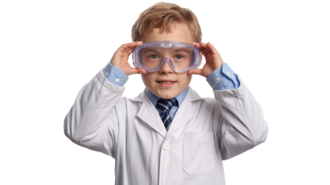 A young boy in a lab coat and tie, enthusiastically putting on safety goggles, ready for a fun science experiment. background removed
