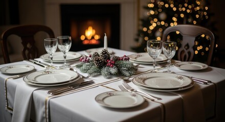 Festive holiday dinner table setting by warm fireplace with Christmas tree lights