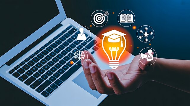 Hand holding glowing light bulb with laptop and education technology icons representing innovation and learning  
