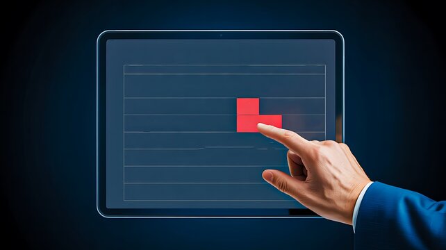 Business hand touching red bar on digital tablet screen representing data analysis and technology concept  
