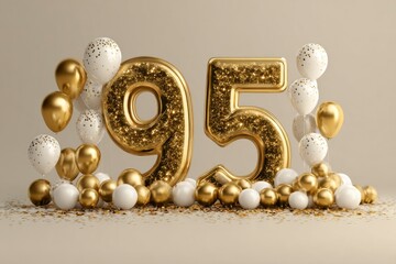 Golden Celebration of 95th Birthday with Balloons and Confetti