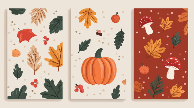 Ilustraciones de arte mural de oto&ntilde;o con hojas, calabazas y setas en colores c&aacute;lidos.