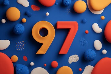 Colorful 3D Number 97 Surrounded by Geometric Shapes and Patterns