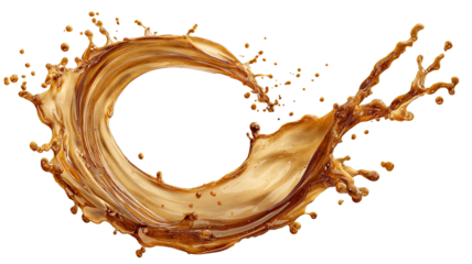 Caramel liquid swirling, splashing in a crescent shape