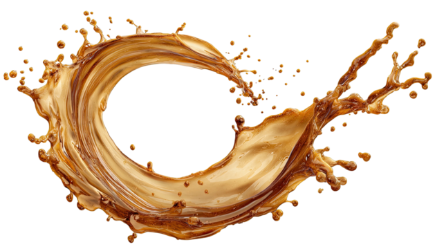Caramel liquid swirling, splashing in a crescent shape