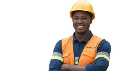 Portrait of a happy Black man in a yellow hard hat and orange safety vest, arms crossed, on a transparent background. background removed