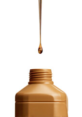 Liquid drips into tan bottle against black