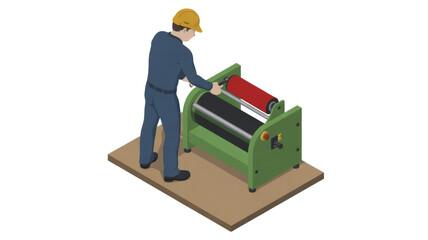 Isometric illustration of a worker operating an industrial machine with rollers, potentially for lamination or printing, wearing a hard hat. background removed