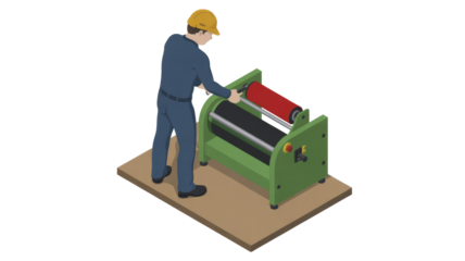 Isometric illustration of a worker operating an industrial machine with rollers, potentially for lamination or printing, wearing a hard hat. background removed