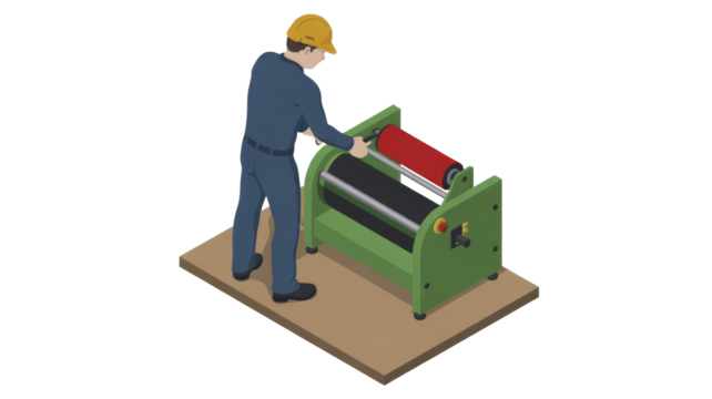 Isometric illustration of a worker operating an industrial machine with rollers, potentially for lamination or printing, wearing a hard hat. background removed