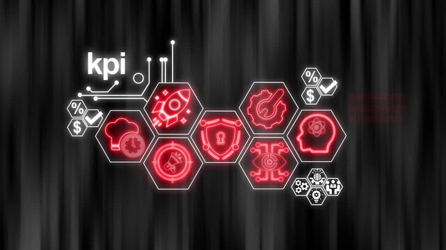 Futuristic digital infographic with glowing neon red icons representing business KP Is and technology concepts against a dark blurred background