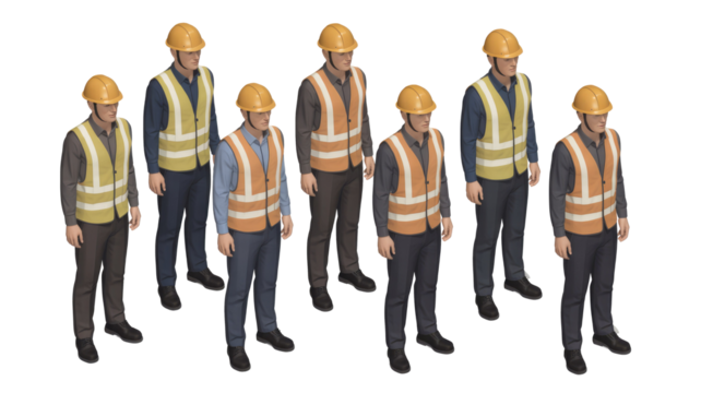 Seven 3D rendered construction or industrial workers wearing yellow hard hats and safety vests (yellow or orange) with reflective stripes, standing uniformly. background removed