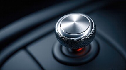 Brushed Steel Automotive Knob With Textured Grip. Gear Or System Selector Element From Premium Car Interior. Close-Up With Low Key Lighting. Divr Mode Toggle