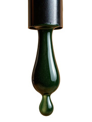 Emerald drop hanging from dropper. Opaque, against black background