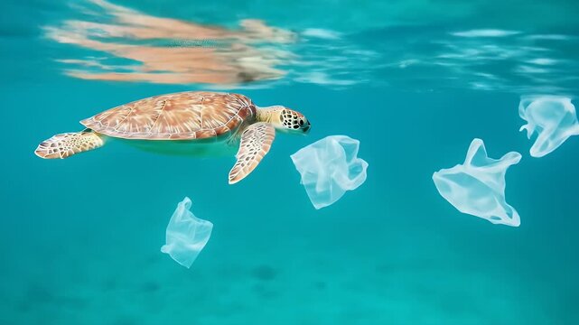Sea turtle swimming in polluted ocean water with plastic bags, ocean conservation