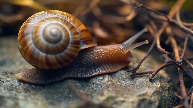 Garden Snail with Brown Spiral Shell Crawling on Rock Amid Dry Twigs in Sunlit Woodland Scene