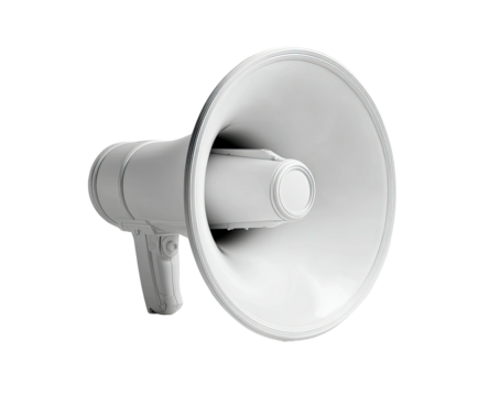 White megaphone against a dark background in a studio setting