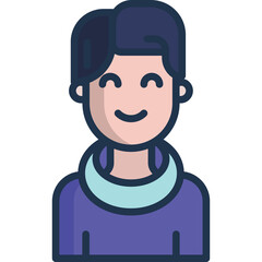 Illustration Of A Person With Dark Hair Wearing A Purple Top With A Light Blue Collar Smiling Happily On A Transparent Background