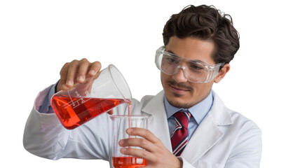 A male scientist in a lab coat and safety glasses carefully pours a vibrant red liquid between two glass beakers, performing a chemical experiment. background removed