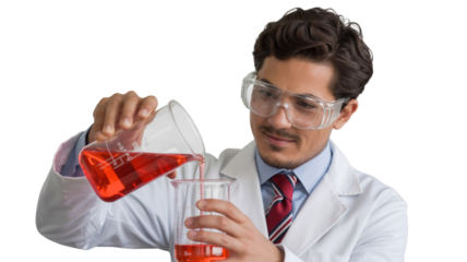 A male scientist in a lab coat and safety glasses carefully pours a vibrant red liquid between two glass beakers, performing a chemical experiment. background removed