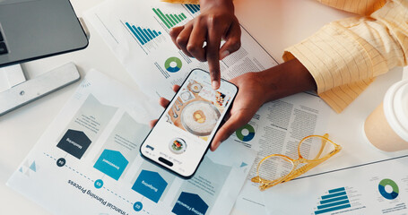 Food, above and hands in office with phone screen, scrolling and menu results on lunch recipe....