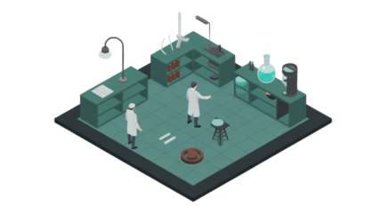 Isometric illustration shows two scientists in a clean, modern laboratory. They are surrounded by various scientific equipment, conducting research and experiments. background removed