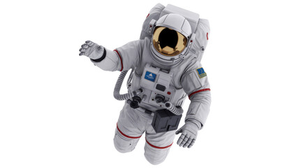 A detailed 3D rendering of an astronaut in a white spacesuit with a gold visor, floating in zero gravity against a transparent background. background removed