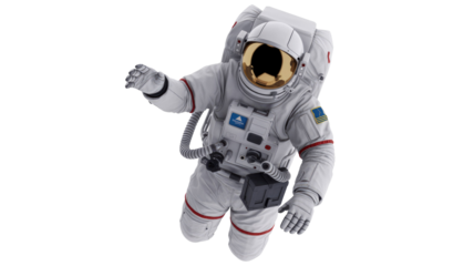 A detailed 3D rendering of an astronaut in a white spacesuit with a gold visor, floating in zero gravity against a transparent background. background removed
