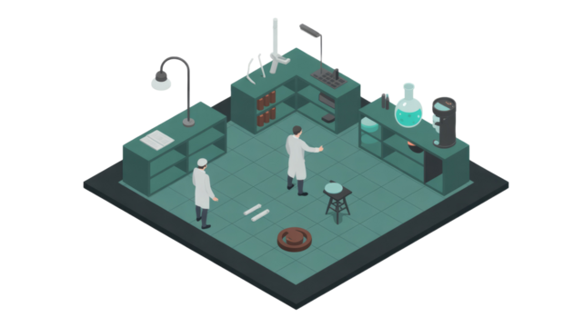 Isometric illustration shows two scientists in a clean, modern laboratory. They are surrounded by various scientific equipment, conducting research and experiments. background removed