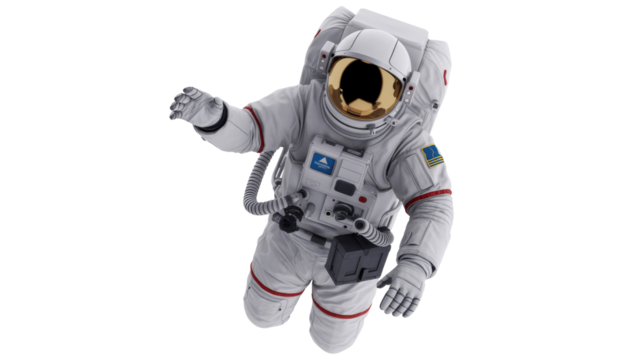 A detailed 3D rendering of an astronaut in a white spacesuit with a gold visor, floating in zero gravity against a transparent background. background removed - Powered by Adobe